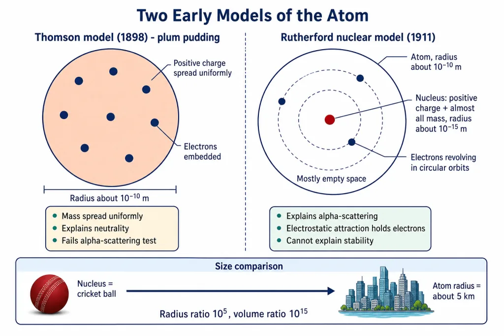 Plum pudding atom beside nuclear atom with size scale