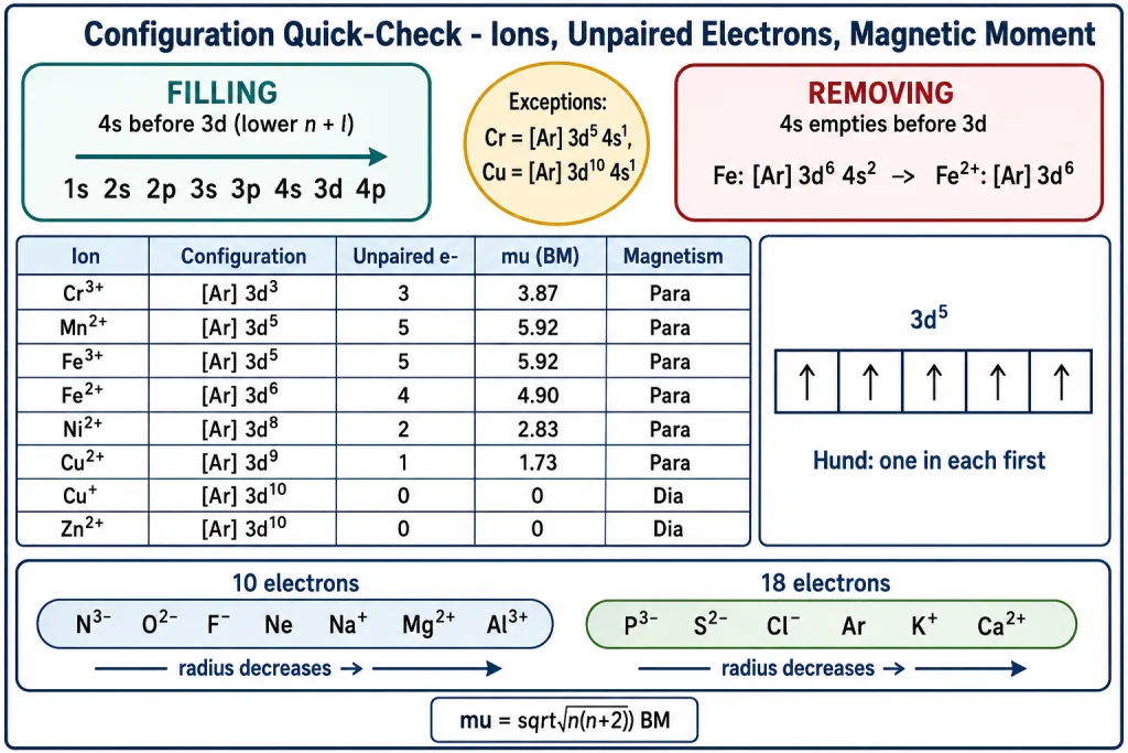 Quick-check card of NEET electronic configurations and unpaired electron counts