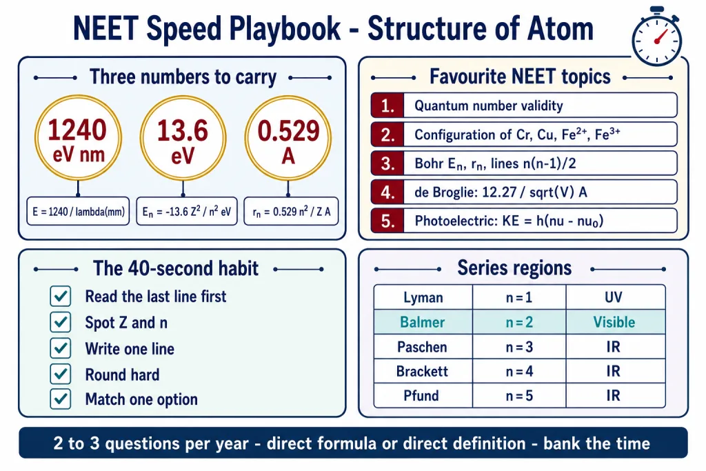 NEET speed playbook card for the Structure of Atom chapter