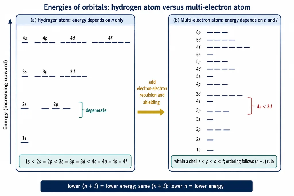 Energy level diagram of hydrogen versus a multi-electron atom