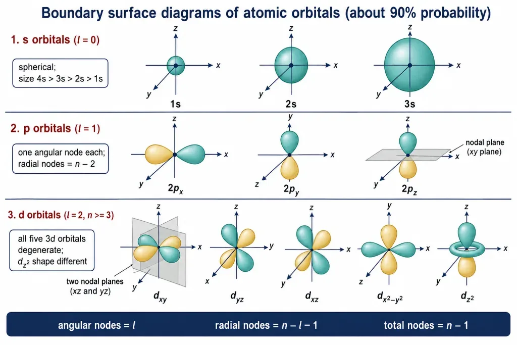 Boundary surface shapes of s, p and d orbitals with nodal planes
