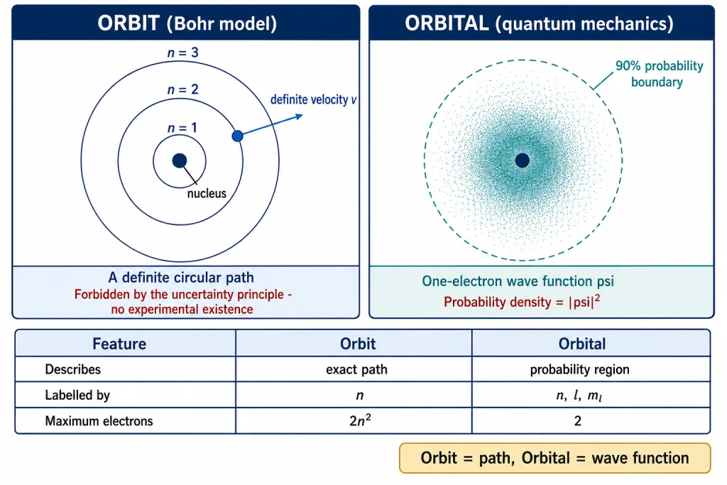 Bohr orbit compared with a quantum mechanical orbital as a probability cloud