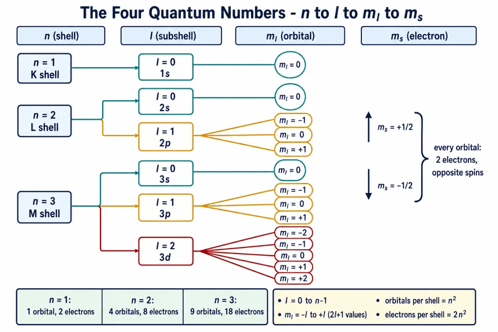 Tree of quantum numbers n, l, m_l and m_s up to n = 3
