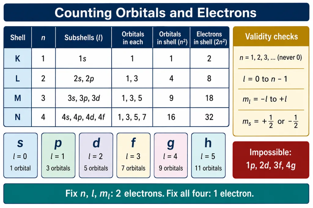 Shells K to N with subshells, orbital counts and electron capacities
