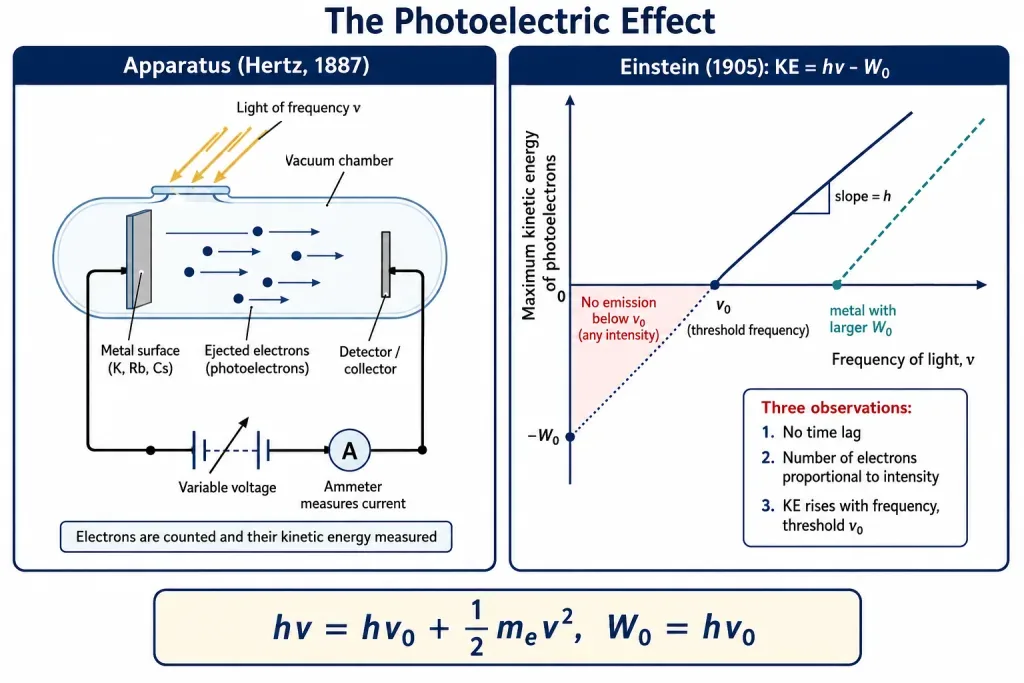 Photoelectric apparatus with kinetic energy versus frequency graph and threshold