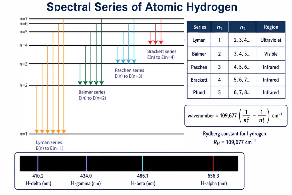 Hydrogen energy levels with Lyman, Balmer and Paschen transition arrows