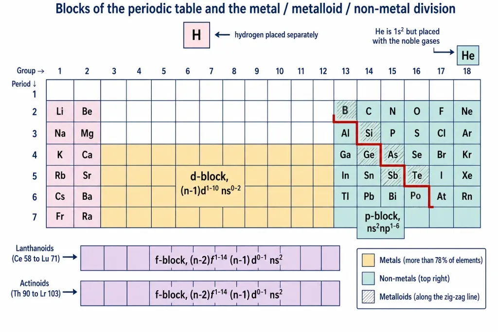 Periodic table map of the four blocks with metals and metalloids