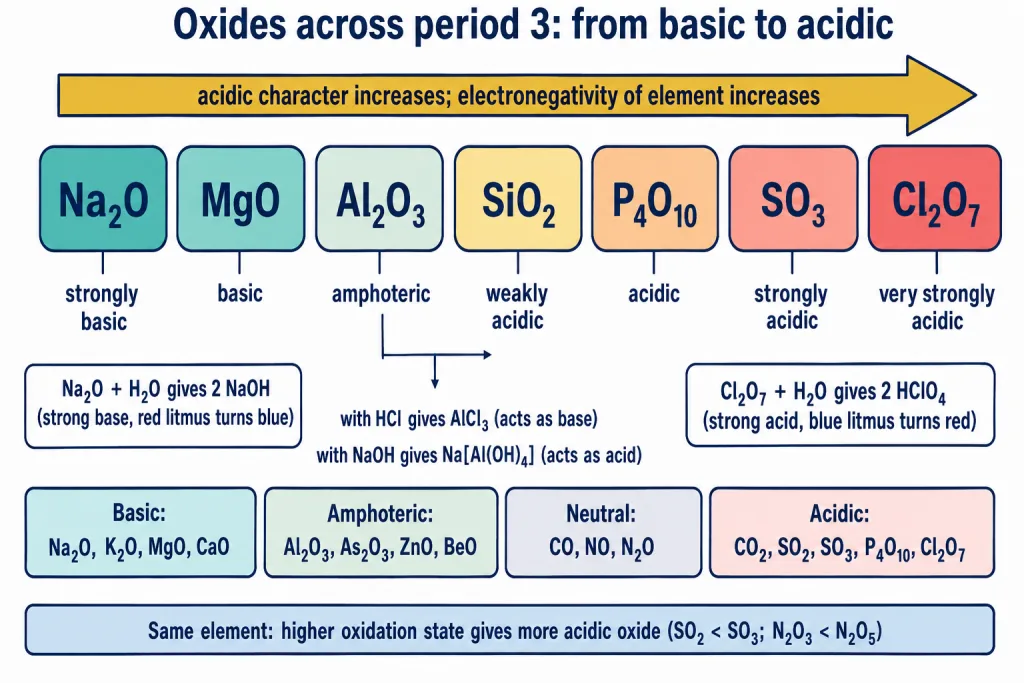 Oxide character across period 3 from basic Na2O to acidic Cl2O7