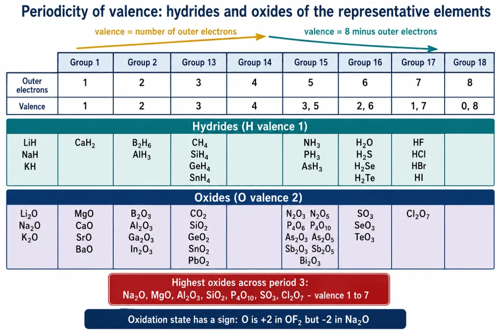 Valence by group with hydride and oxide formulas from Li to Cl