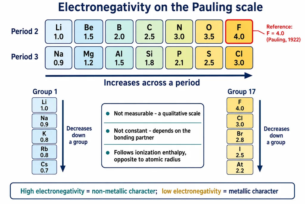 Pauling electronegativity values across periods two and three and down groups
