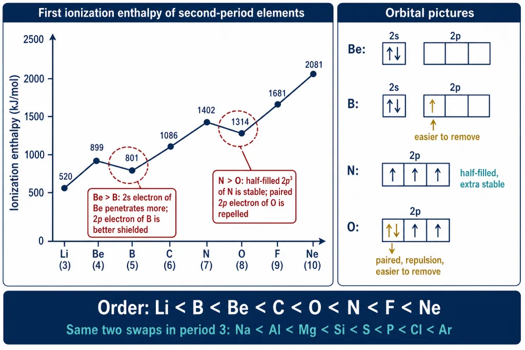 Second period ionization enthalpies with Be/B and N/O dips