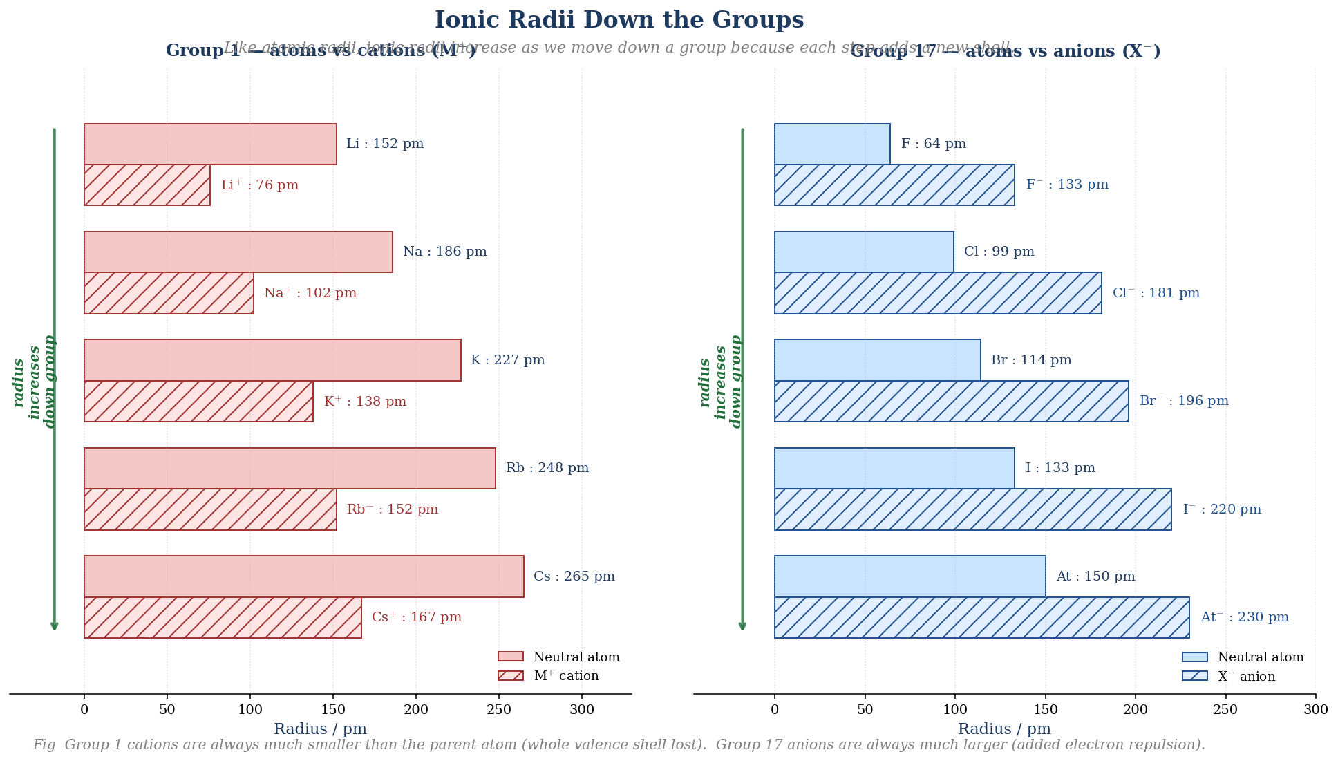 Horizontal bar chart showing Group 1 atoms and M+ cations (Li to Cs) on the left and Group 17 atoms and X- anions (F to At) on the right, all in picometres — radii grow down each group, cations are much smaller than their parent atoms, and anions are much larger
