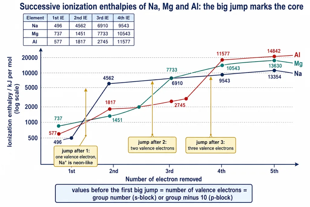 Successive ionization enthalpies of Na, Mg and Al showing the jumps