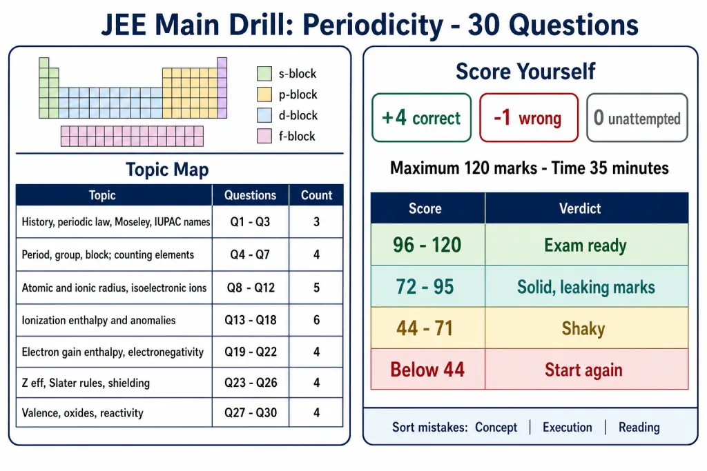 Topic map and self-scoring card for the 30-question JEE Main periodicity drill