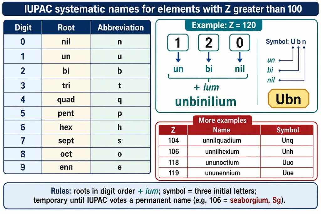 IUPAC digit roots card with the unbinilium example for Z = 120