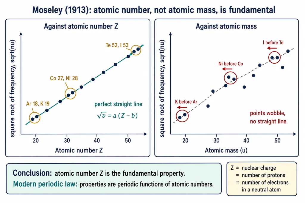 Moseley plot of root frequency against atomic number and atomic mass