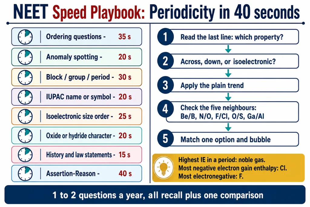 NEET speed playbook card for periodicity questions