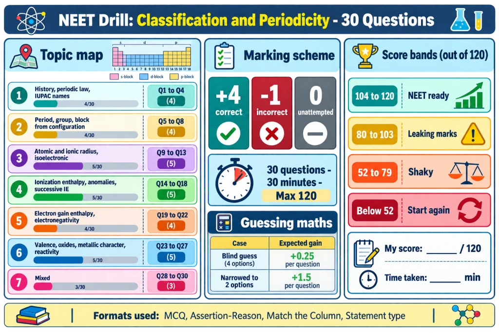 Topic map and NEET self-scoring card for the 30-question periodicity drill