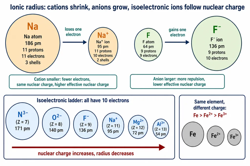 Na to Na+ shrinks, F to F- grows, and the isoelectronic ladder