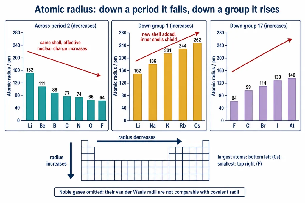 Bar charts of atomic radius across period 2 and down groups 1 and 17