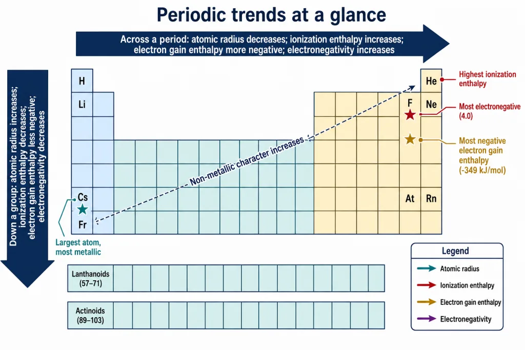 Four periodic trends shown as arrows on a periodic-table outline