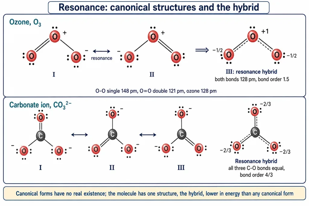 Resonance structures and hybrids of ozone and carbonate ion