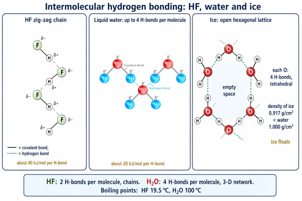 Zig-zag HF chain, water hydrogen-bond network and open ice lattice