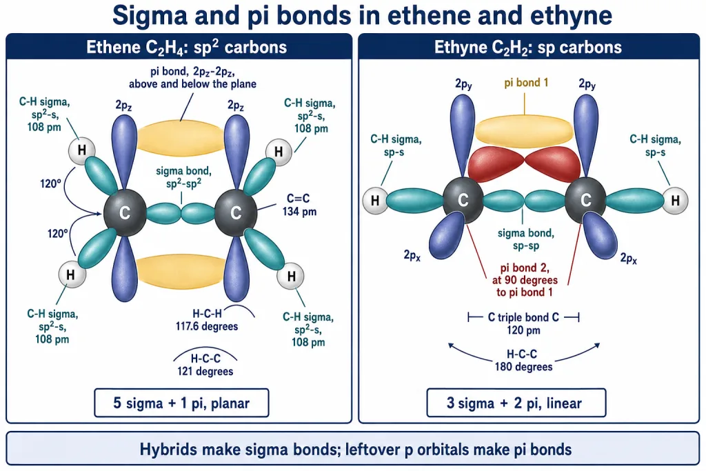 Sigma and pi bond framework of ethene and ethyne with bond lengths