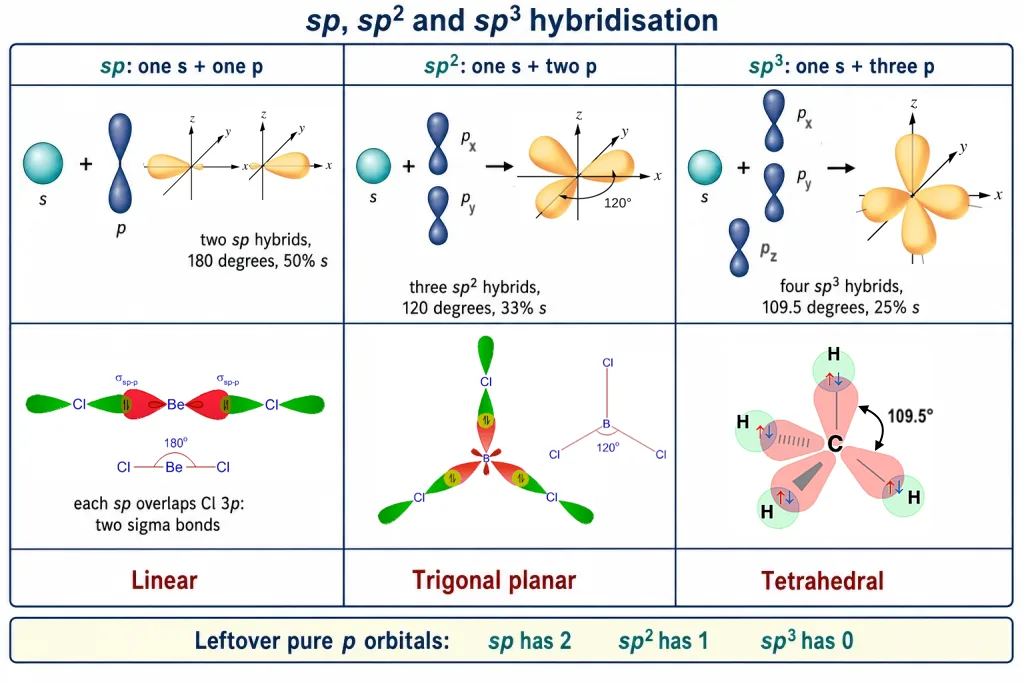 sp, sp2 and sp3 hybrid orbital shapes with BeCl2, BCl3 and CH4