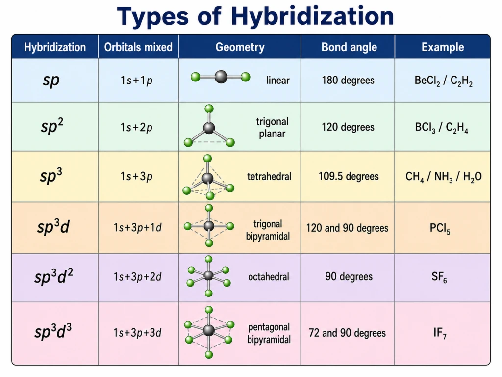 Hybridization types, geometries and bond angles