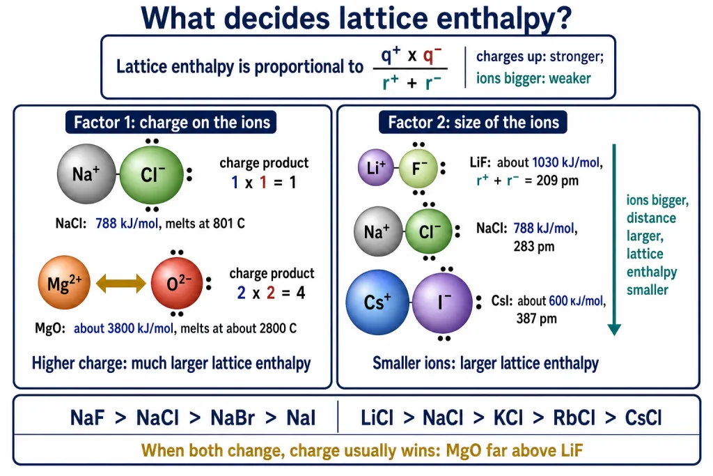 Lattice enthalpy factors card comparing charge and size effects