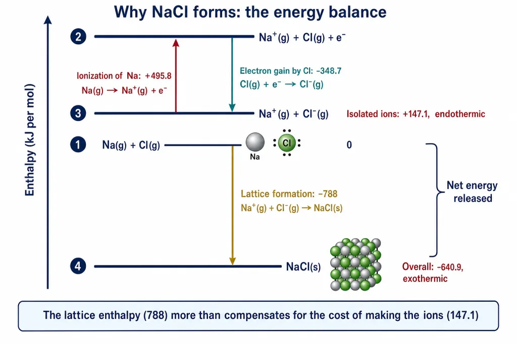 NaCl energy ladder showing ionization, electron gain and lattice formation