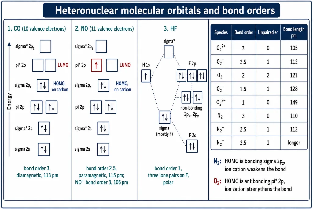 Heteronuclear MO cards for CO, NO, HF and second-period species table