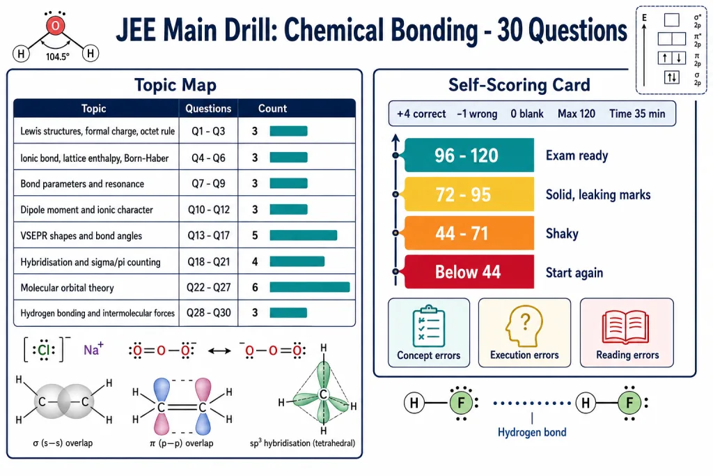 Topic map and self-scoring card for the 30-question JEE Main bonding drill