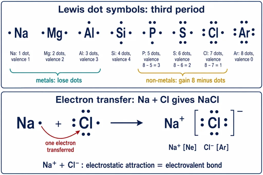 Lewis dot symbols of third-period elements and electron transfer in NaCl