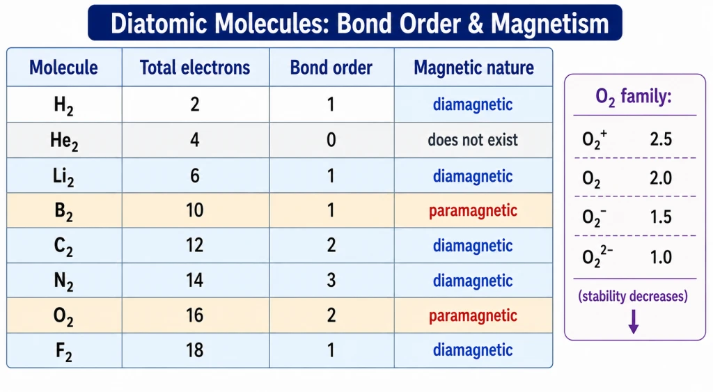 Diatomic molecules: bond order and magnetism
