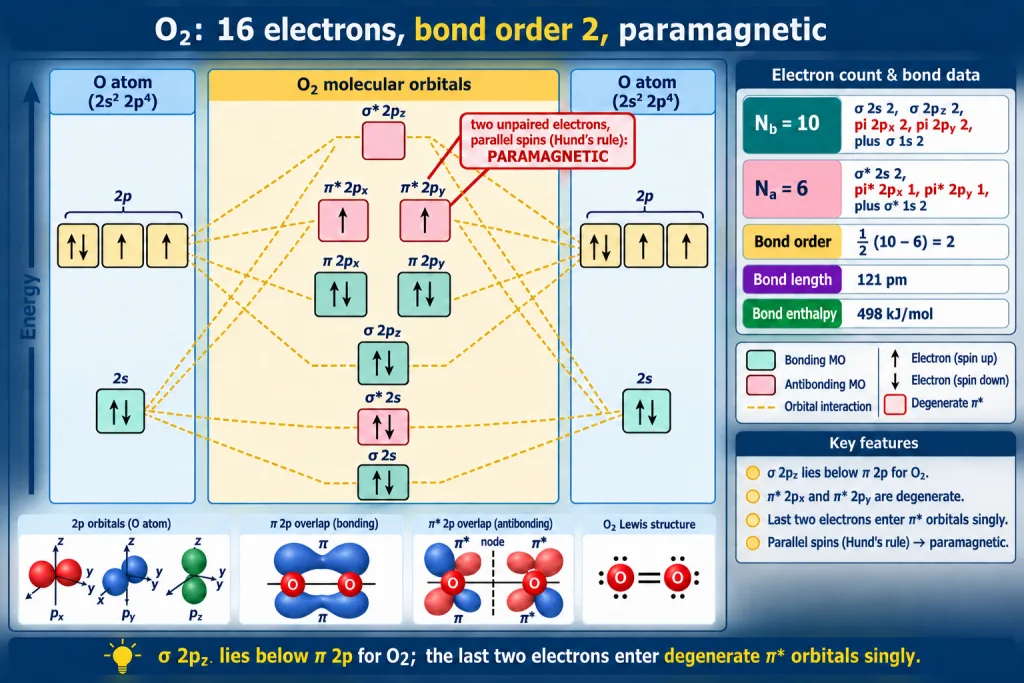 MO energy diagram of O2 showing two unpaired pi-star electrons