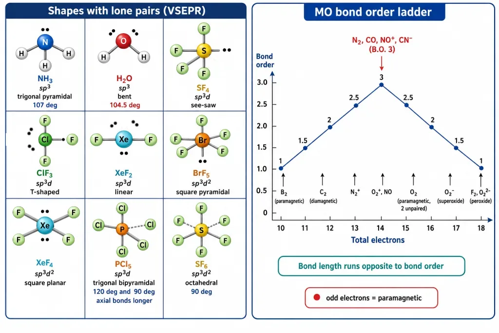 NEET card of molecular shapes with lone pairs and MO bond orders