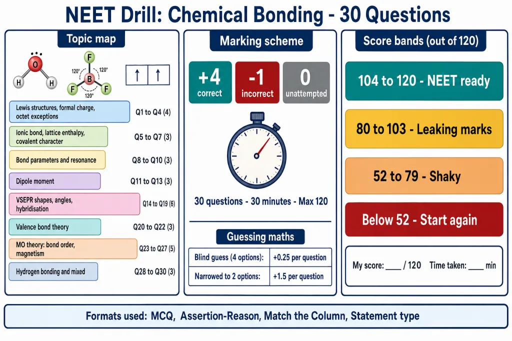 Topic map and NEET self-scoring card for the 30-question bonding drill