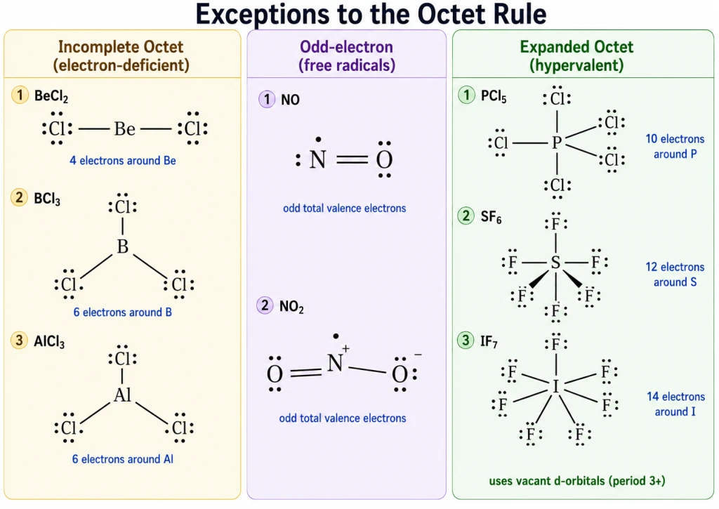 Octet rule exceptions: incomplete, odd-electron, expanded