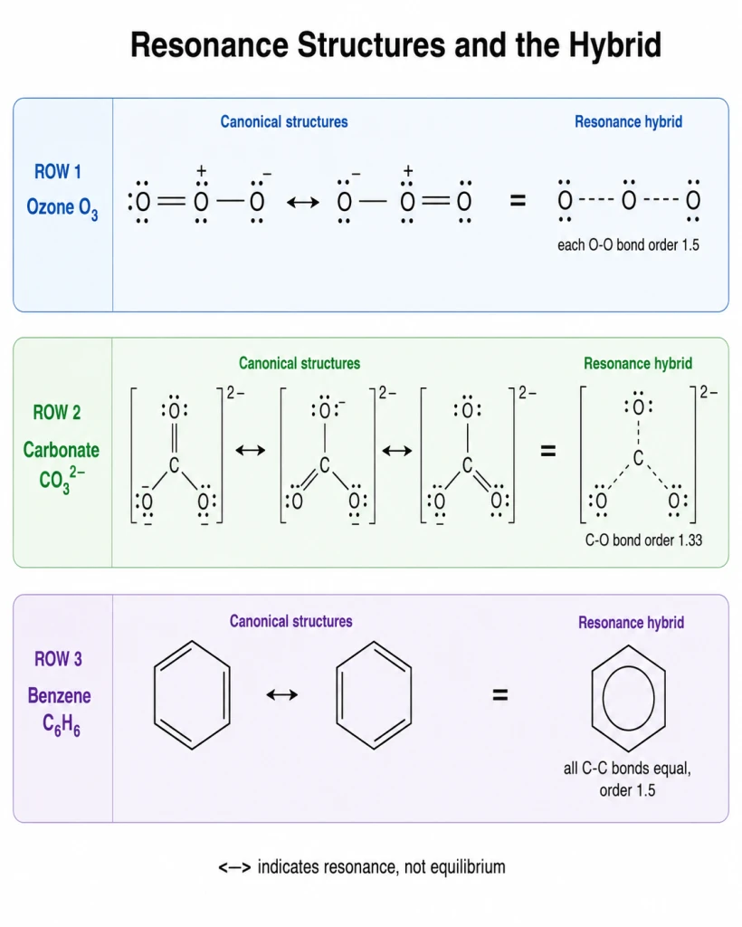 Resonance structures of ozone, carbonate and benzene