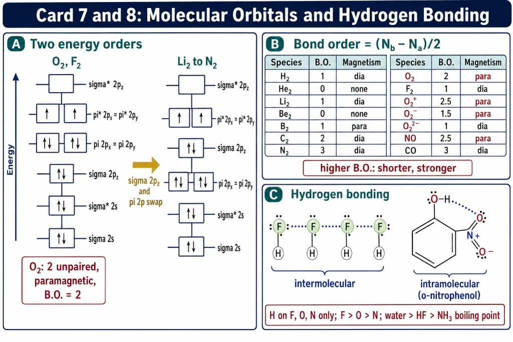 Revision card: MO energy orders, bond-order table and hydrogen-bond types