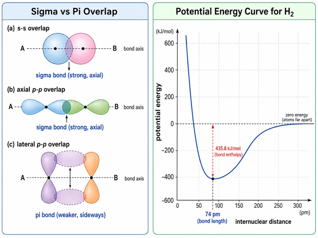 Sigma and pi orbital overlap; H2 energy curve