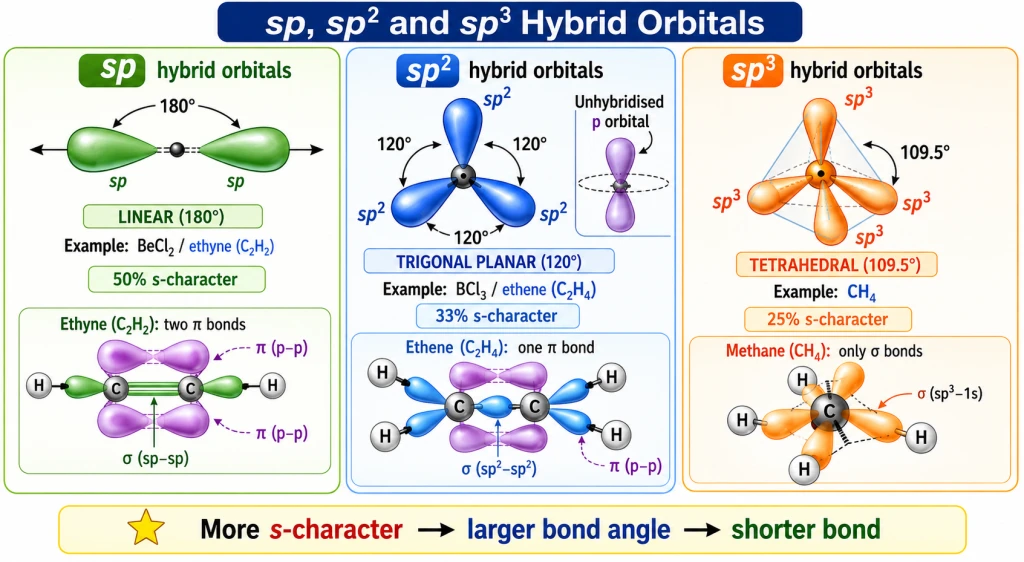 Shapes of sp, sp2 and sp3 hybrid orbitals