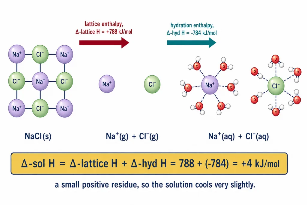 Ionic solid separating into gaseous ions then hydrated ions showing lattice and hydration enthalpies