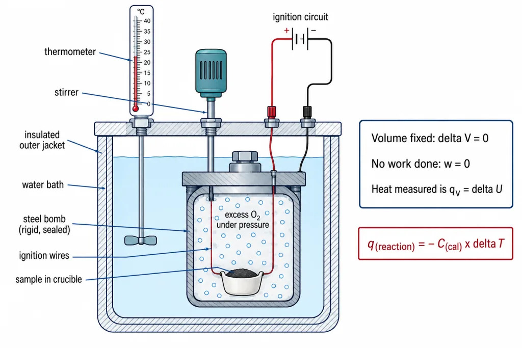 Labelled bomb calorimeter with steel bomb water bath stirrer and thermometer
