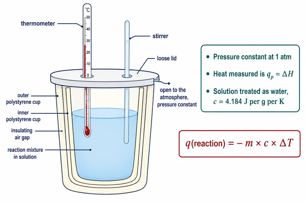 Coffee cup calorimeter with nested polystyrene cups lid thermometer and stirrer