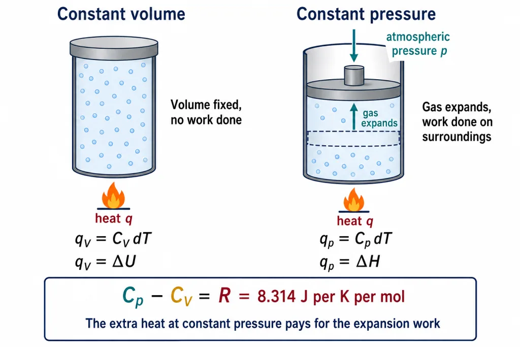 Gas heated in a rigid sealed cylinder and under a freely sliding piston