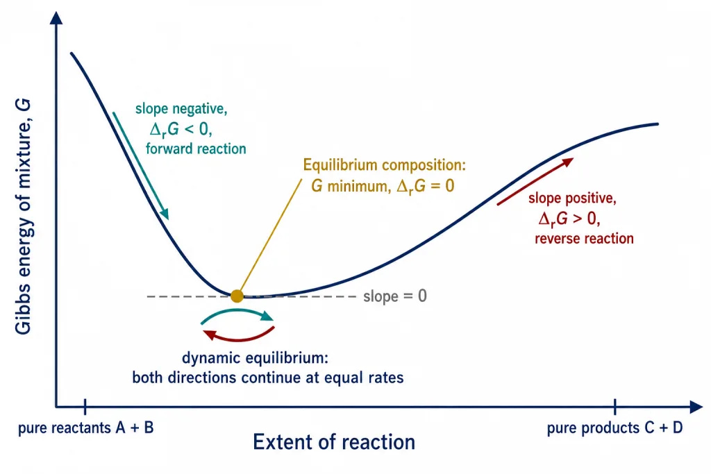 Gibbs energy of a mixture against extent of reaction with a minimum at equilibrium