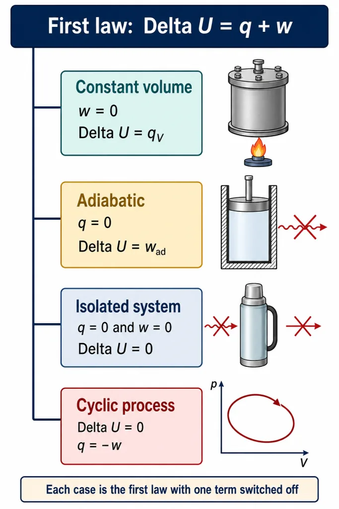 Flowchart of first law cases: constant volume, adiabatic, isolated, cyclic, free expansion